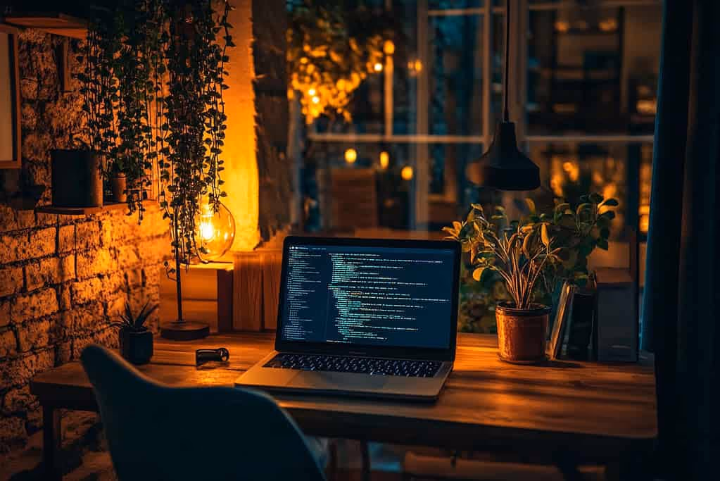 A lit office with a laptop and code.