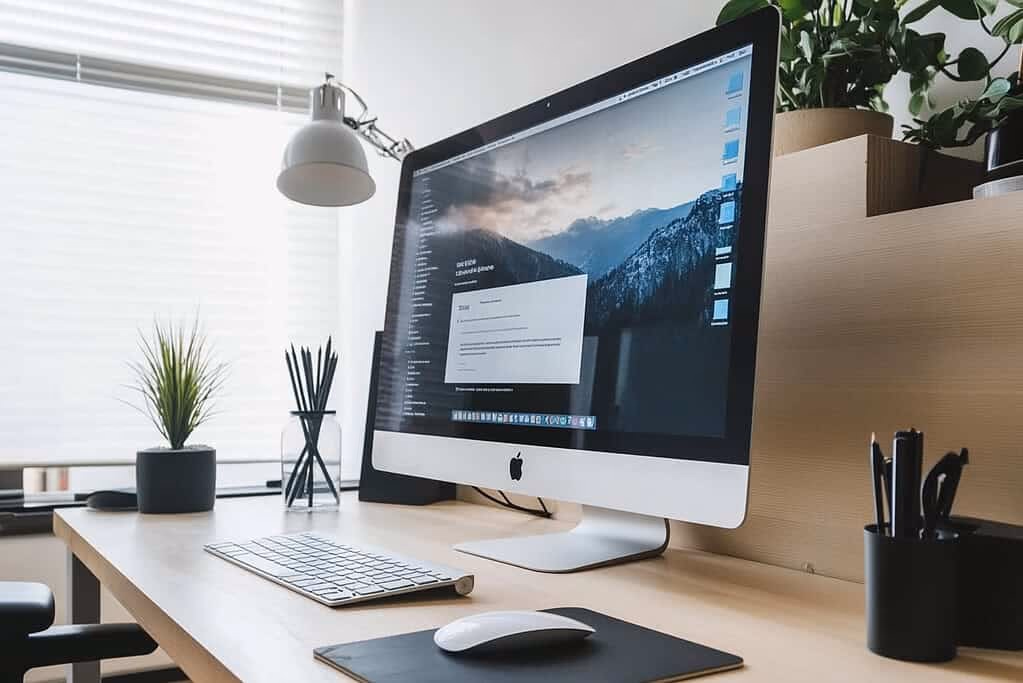 A modern office with a computer and indoor plants.